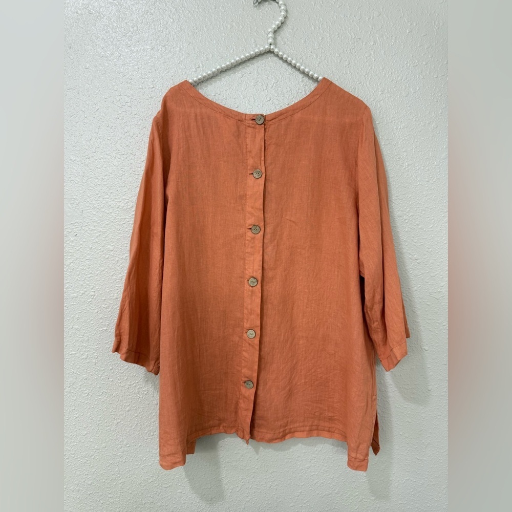 Nicole Miller NY 100% Linen Shirt Blouse women 1X orange 3/4 Sleeve lagenlook